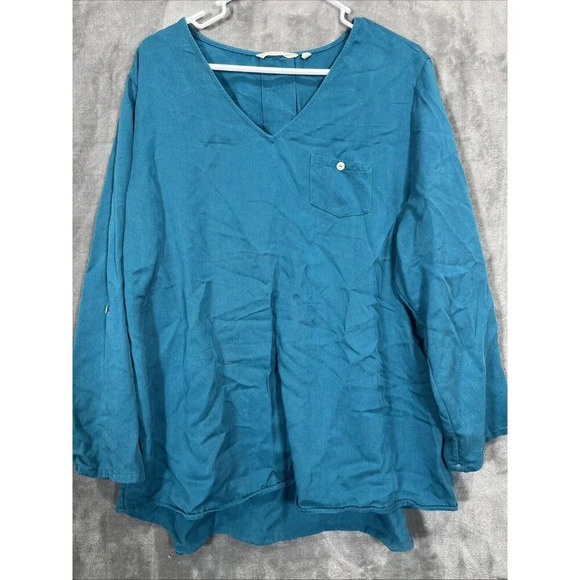 Soft Surroundings Size 1x Tencel Tunic Top V Neck Roll Tab Popover Boho Coastal - Picture 1 of 6